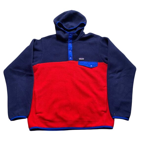 Patagonia Synchilla Snap-T Mens Hooded Red Blue Colorblock Fleece Jacket Medium - Picture 1 of 6